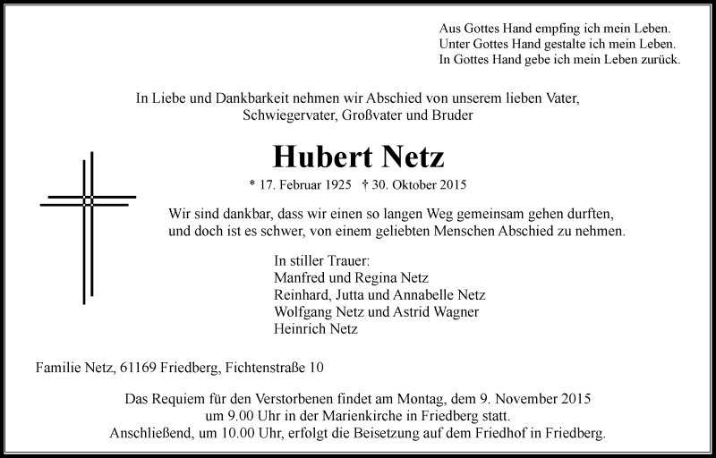  Traueranzeige für Hubert Netz vom 05.11.2015 aus Wetterauer Zeitung, Wetterauer Zeitung
