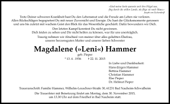 Traueranzeige von Magdalene Hammer von Wetterauer Zeitung, Wetterauer Zeitung