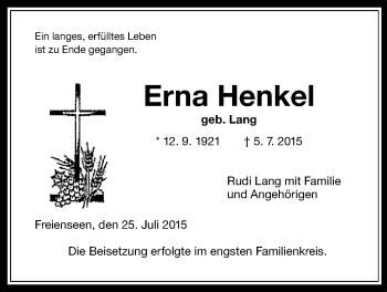 Traueranzeige von Erna Henkel von Gießener Allgemeine, Alsfelder Allgemeine