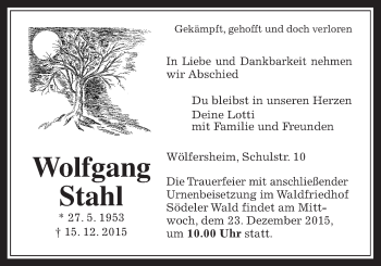Traueranzeige von Wolfgang Stahl von Wetterauer Zeitung, Wetterauer Zeitung