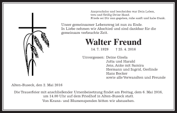 Traueranzeige von Walter Freund von Gießener Allgemeine, Alsfelder Allgemeine