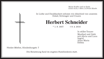 Traueranzeige von Herbert Schneider von Wetterauer Zeitung, Wetterauer Zeitung