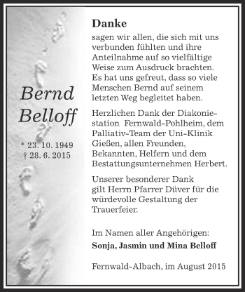 Traueranzeige von Bernd Belloff von Gießener Allgemeine, Alsfelder Allgemeine