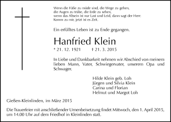 Traueranzeige von Hanfried Klein von Gießener Allgemeine, Alsfelder Allgemeine