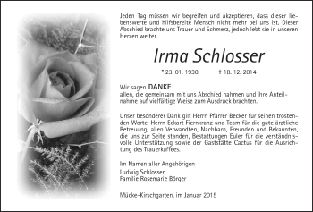Traueranzeige von Irma Schlosser von Giessener Allgemeine, Alsfelder Allgemeine