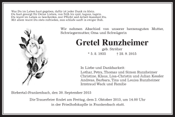 Traueranzeige von Gretel Runzheimer von Gießener Allgemeine, Alsfelder Allgemeine