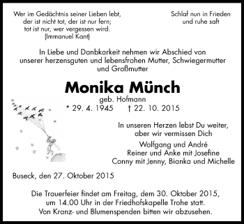 Traueranzeige von Monika Münch von Gießener Allgemeine, Alsfelder Allgemeine