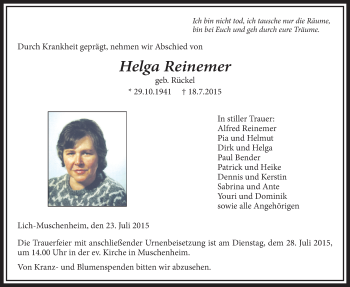 Traueranzeige von Helga Reinemer von Licher Wochenblatt, Licher Wochenblatt, Licher Wochenblatt