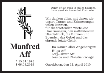 Traueranzeige von Manfred Aff von Gießener Allgemeine, Alsfelder Allgemeine