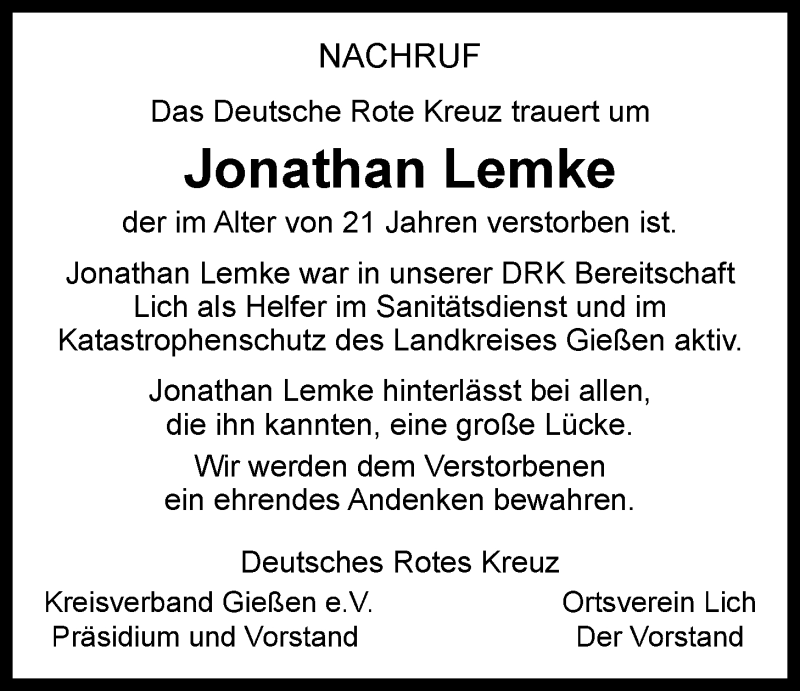  Traueranzeige für Jonathan Lemke vom 27.08.2015 aus Licher Wochenblatt, Licher Wochenblatt, Licher Wochenblatt