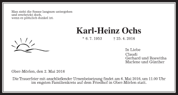 Traueranzeige von Karl-Heinz Ochs von Wetterauer Zeitung, Wetterauer Zeitung