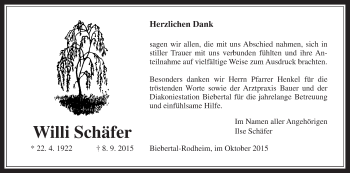 Traueranzeige von Willi Schäfer von Gießener Allgemeine, Alsfelder Allgemeine