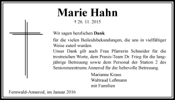 Traueranzeige von Marie Hahn von Gießener Allgemeine, Alsfelder Allgemeine