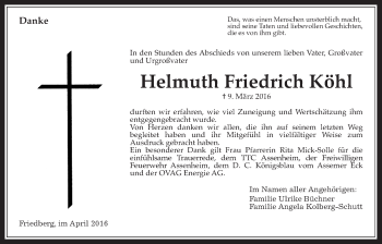 Traueranzeige von Helmuth Friedrich Köhl von Wetterauer Zeitung, Wetterauer Zeitung
