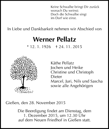 Traueranzeige von Werner Pellatz von Gießener Allgemeine, Alsfelder Allgemeine