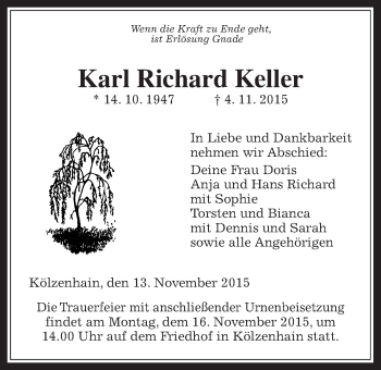 Traueranzeige von Karl Richard Keller von Gießener Allgemeine, Alsfelder Allgemeine, Alsfelder Allgemeine