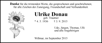 Traueranzeige von Ulrike Donau von Gießener Allgemeine, Alsfelder Allgemeine