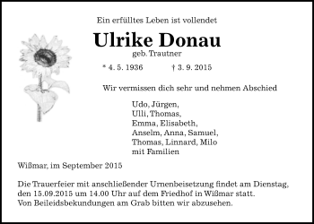 Traueranzeige von Ulrike Donau von Gießener Allgemeine, Alsfelder Allgemeine