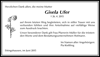 Traueranzeige von Gisela Ufer von Licher Wochenblatt, Licher Wochenblatt, Licher Wochenblatt