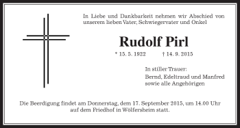 Traueranzeige von Rudolf Pirl von Wetterauer Zeitung, Wetterauer Zeitung