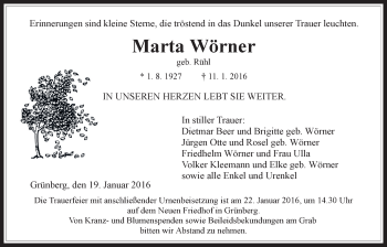 Traueranzeige von Marta Wörner von Gießener Allgemeine, Alsfelder Allgemeine