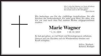 Traueranzeige von Marie Wagner von Allendorfer Mitteilungen