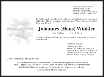 Traueranzeige von Johannes  Winkler von Wetterauer Zeitung, Wetterauer Zeitung