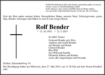 Traueranzeige von Rolf Bender von Gießener Allgemeine, Alsfelder Allgemeine