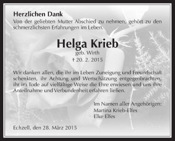 Traueranzeige von Helga Krieb von Wetterauer Zeitung, Wetterauer Zeitung