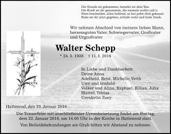 Traueranzeige von Walter Schepp von Gießener Allgemeine, Alsfelder Allgemeine