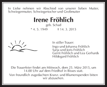 Traueranzeige von Irene Fröhlich von Wetterauer Zeitung, Wetterauer Zeitung