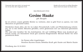 Traueranzeige von Gesine Haake von Wetterauer Zeitung, Wetterauer Zeitung
