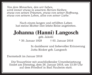 Traueranzeige von Johanna Langosch von Wetterauer Zeitung, Wetterauer Zeitung