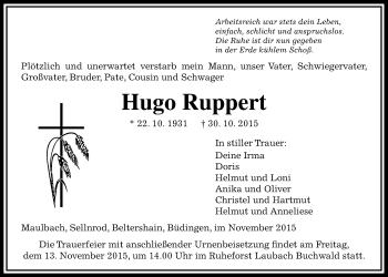 Traueranzeige von Hugo Ruppert von Alsfelder Allgemeine