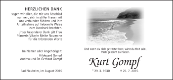 Traueranzeige von Kurt Gompf von Wetterauer Zeitung, Wetterauer Zeitung