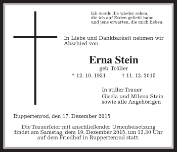 Traueranzeige von Erna Stein von Gießener Allgemeine, Alsfelder Allgemeine