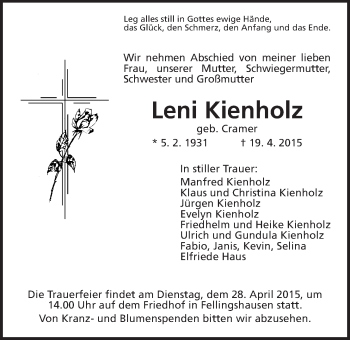 Traueranzeige von Leni Kienholz von Gießener Allgemeine, Alsfelder Allgemeine