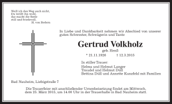 Traueranzeige von Gertrud Volkholz von Wetterauer Zeitung, Wetterauer Zeitung