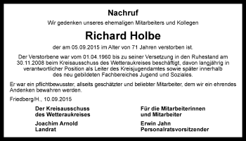 Traueranzeige von Richard Holbe von Wetterauer Zeitung, Wetterauer Zeitung