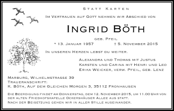 Traueranzeige von Ingrid Böth von Alsfelder Allgemeine