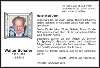 Traueranzeige von Walter Schäfer von Licher Wochenblatt, Licher Wochenblatt, Licher Wochenblatt