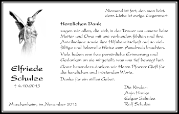 Traueranzeige von Elfriede Schulze von Licher Wochenblatt, Licher Wochenblatt, Licher Wochenblatt