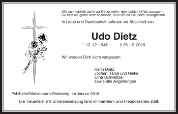 Traueranzeige von Udo Dietz von Gießener Allgemeine, Alsfelder Allgemeine