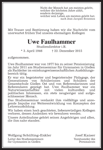 Traueranzeige von Uwe Faulhammer von Gießener Allgemeine, Alsfelder Allgemeine, Gießener Allgemeine, Alsfelder Allgemeine