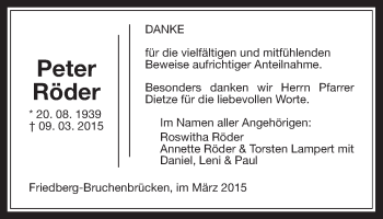 Traueranzeige von Peter Röder von Wetterauer Zeitung, Wetterauer Zeitung