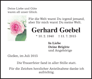 Traueranzeige von Gerhard Goebel von Gießener Allgemeine, Alsfelder Allgemeine