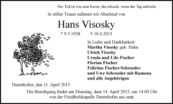 Traueranzeige von Hans Visosky von Gießener Allgemeine, Alsfelder Allgemeine