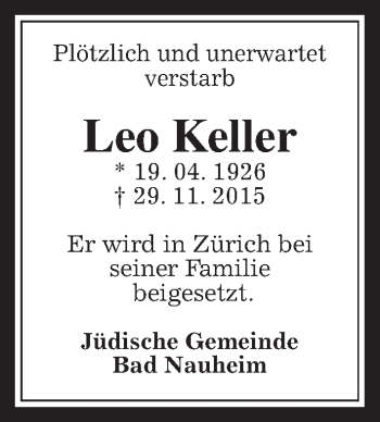 Traueranzeige von Leo Keller von Wetterauer Zeitung, Wetterauer Zeitung