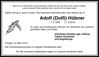 Traueranzeige von Adolf Hübner von Licher Wochenblatt, Licher Wochenblatt, Licher Wochenblatt