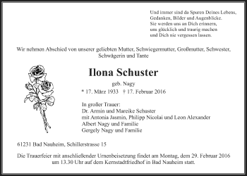 Traueranzeige von Ilona Schuster von Gießener Allgemeine, Alsfelder Allgemeine, Wetterauer Zeitung, Wetterauer Zeitung